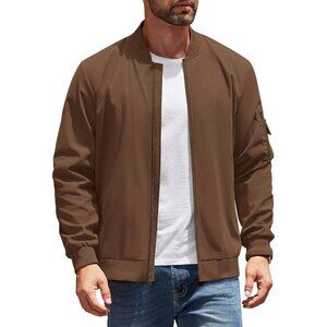 Men's Bomber Jackets Coat Brown Fabric Designs Winter Warm Casual Zip Up Pocket